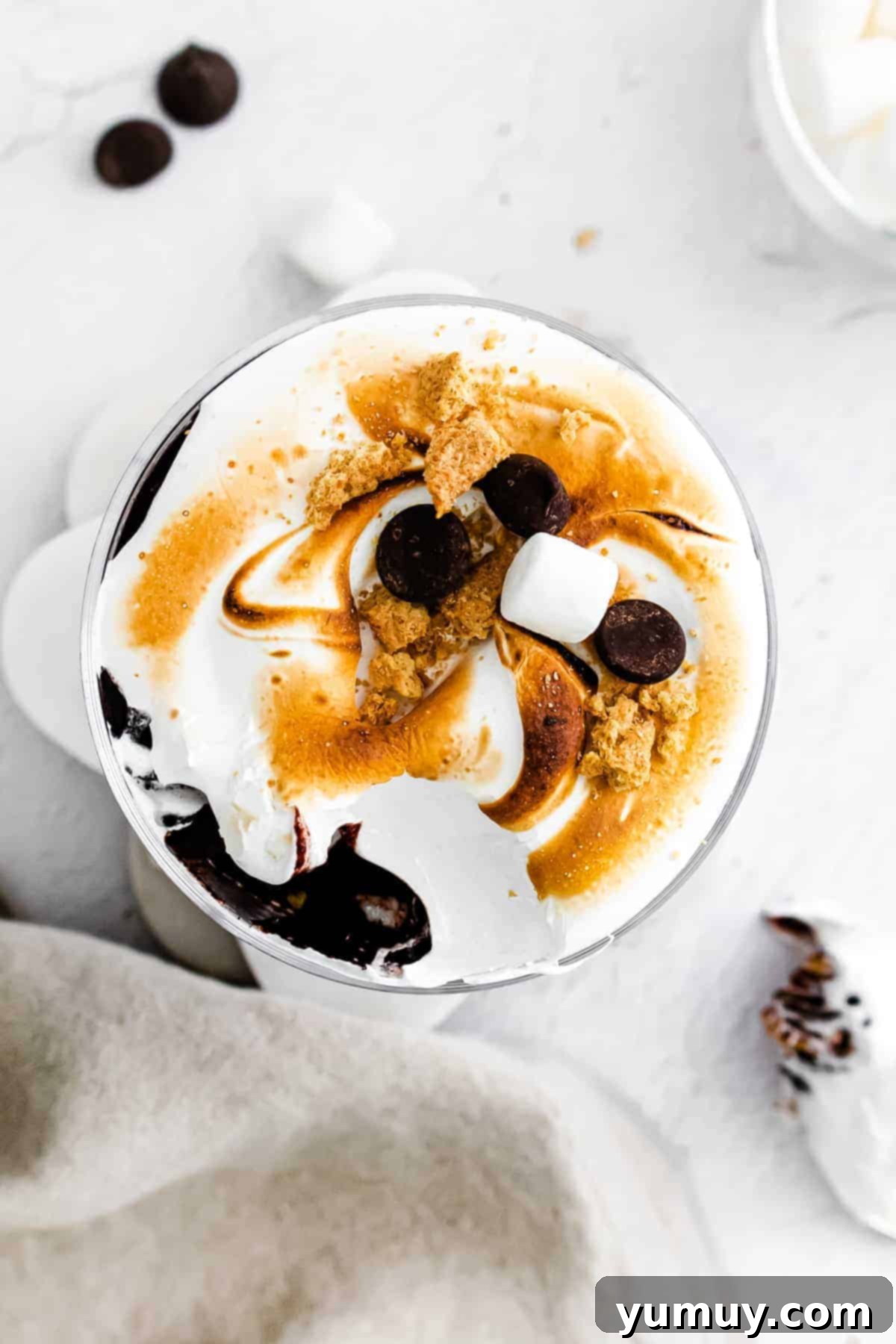 Layered S'mores Delight 3 overhead layered smores trifle in glass dish