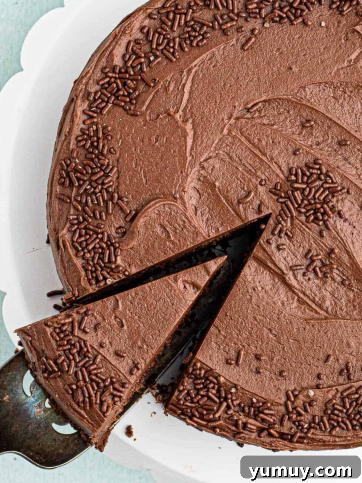 Overhead shot of a slice of rich, dark devil's food cake with creamy chocolate frosting