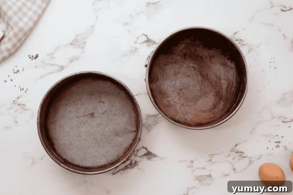 Two round cake pans meticulously greased and dusted with cocoa powder, ready for batter.