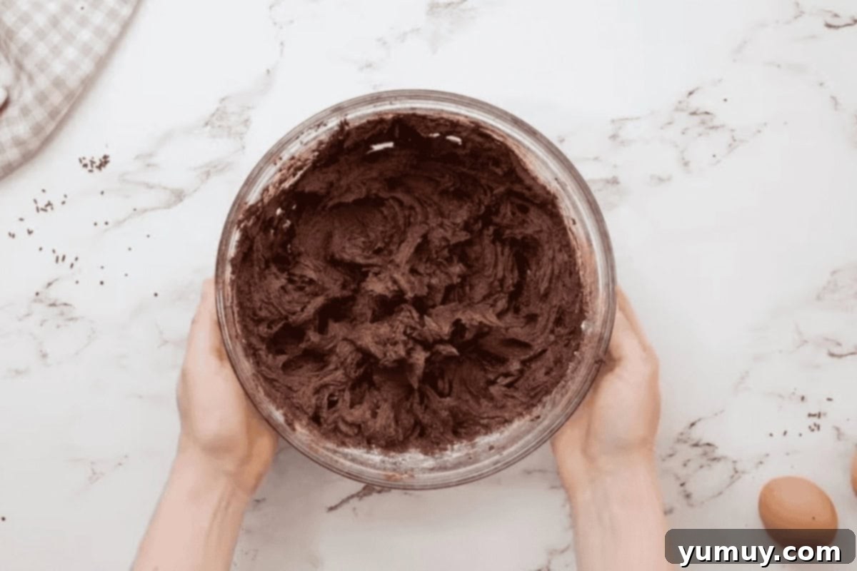 Fluffy, whipped chocolate buttercream frosting in a glass bowl, ready for decorating.
