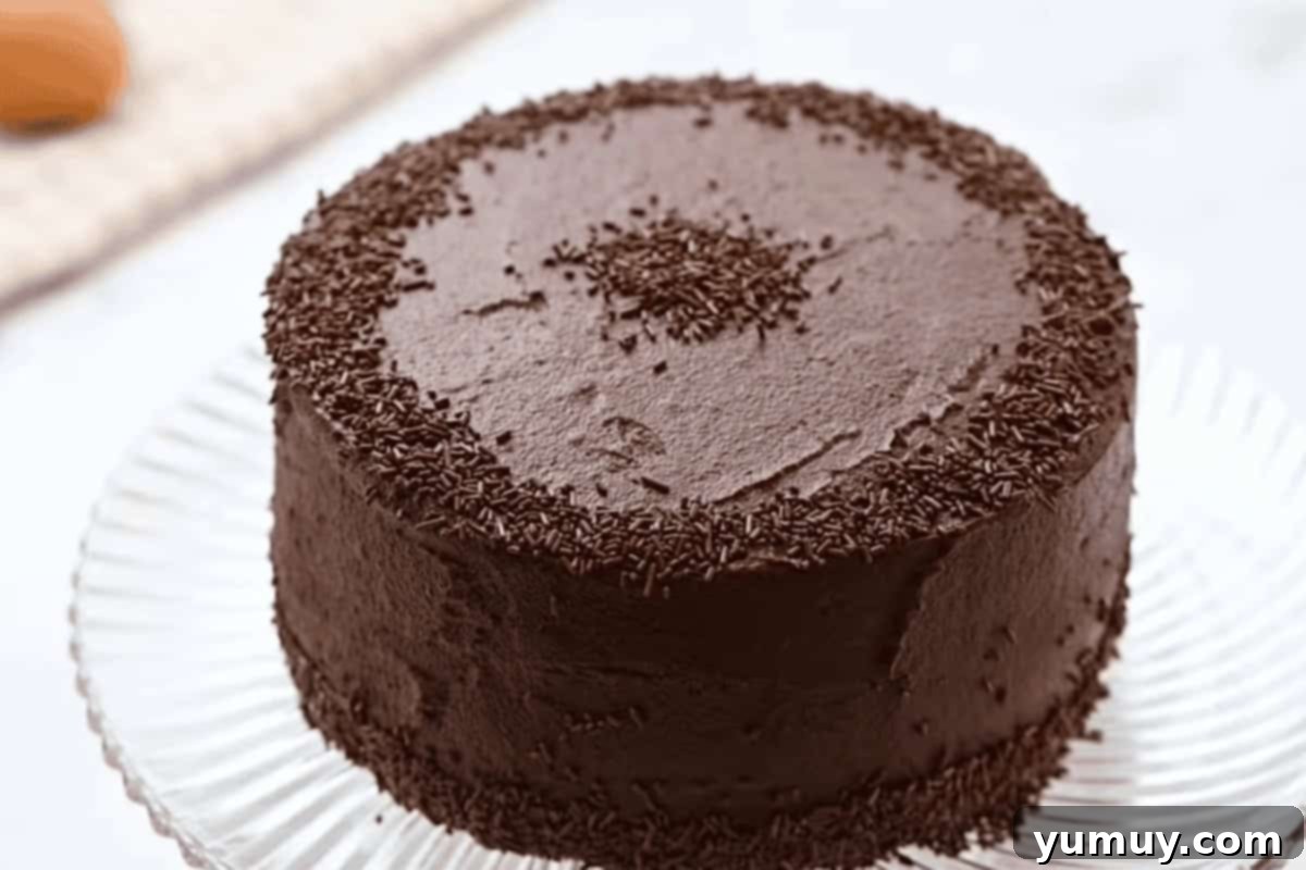 A beautifully frosted and decorated devil's food cake displayed on a elegant cake stand.