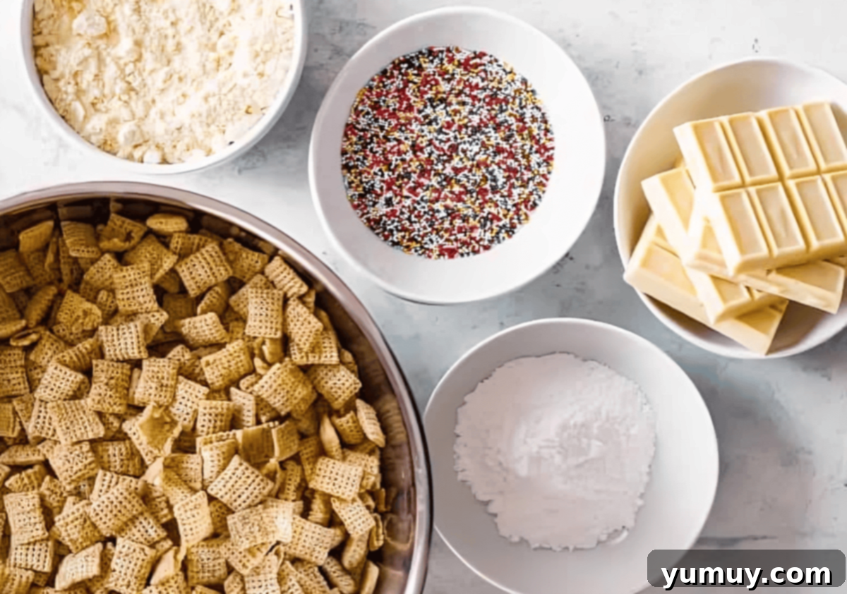 A baking sheet with yellow cake mix being heat-treated in the oven, ready for the birthday cake puppy chow recipe.