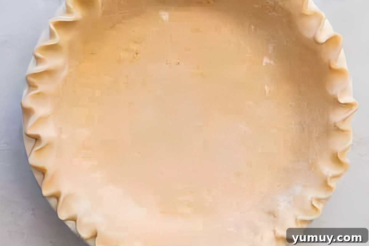 Homestyle Dutch Apple Pie 11 A chilled pie crust in a pie dish, with perfectly crimped edges, ready for filling.