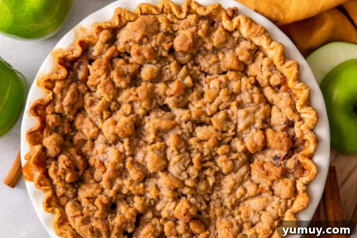 Homestyle Dutch Apple Pie 16 An overhead shot of a freshly baked Dutch apple pie with a golden streusel topping, cooling on a rack, ready to be enjoyed.