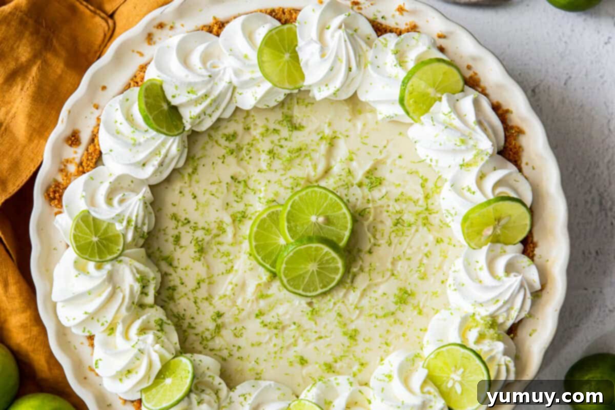 Sunshine Slice 12 overhead image of key lime pie with whipped cream and lime slices.