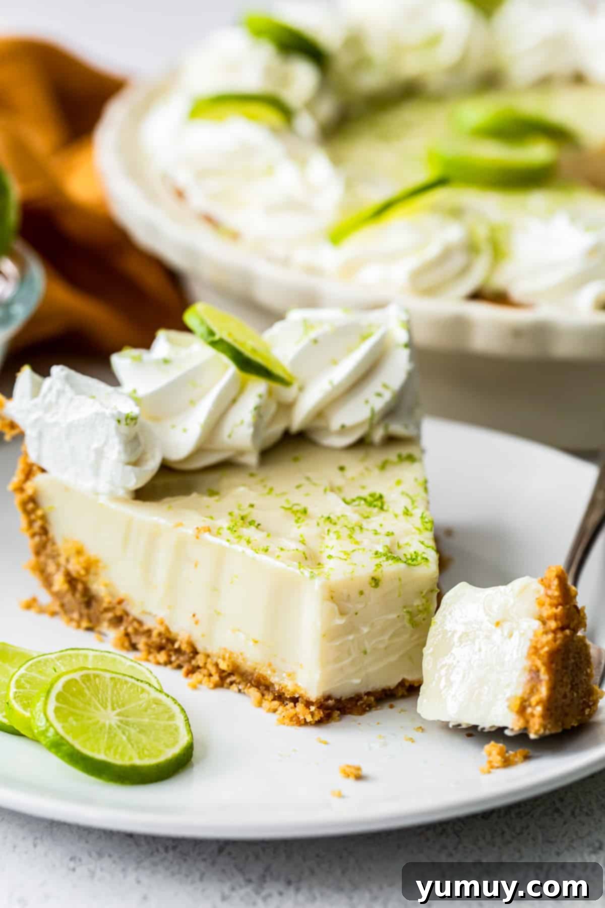 Sunshine Slice 3 a slice of key lime pie on a plate, garnished with a lime wedge.