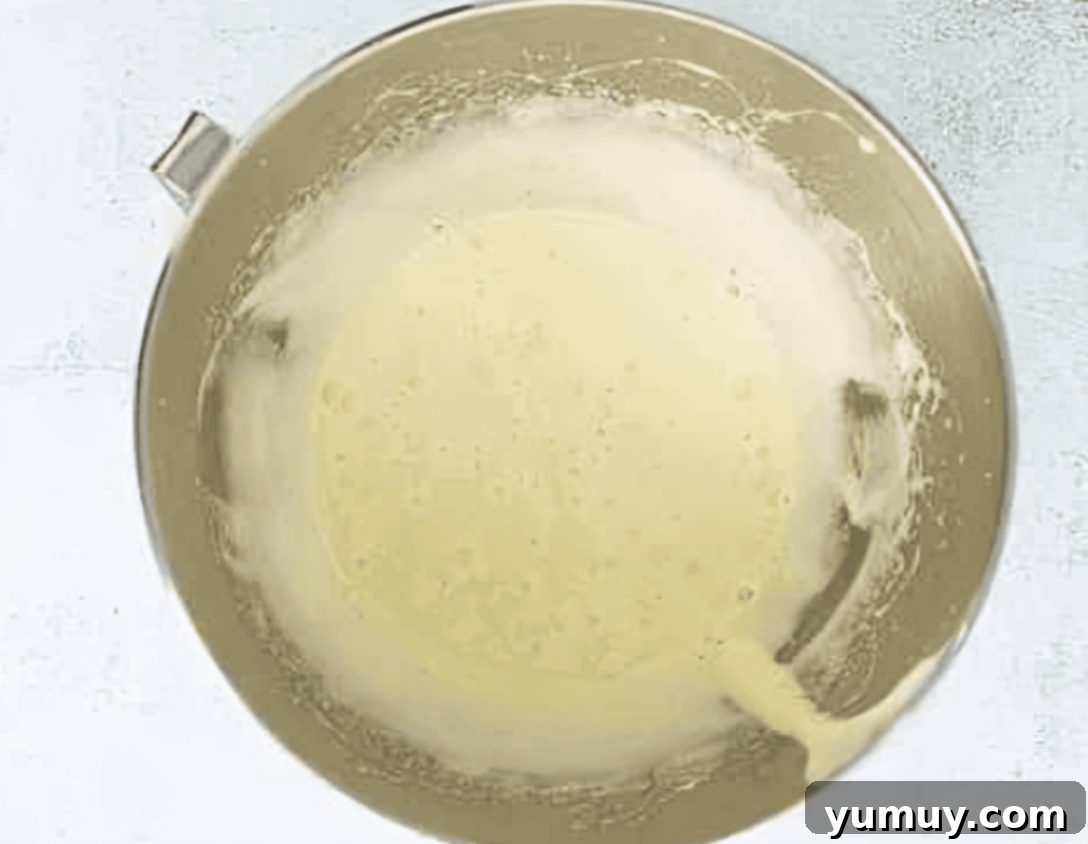 foamy eggs in a stainless steel bowl.
