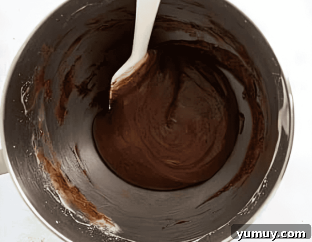chilled chocolate madeleine batter in a stainless mixing bowl with a rubber spatula.