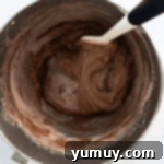 chocolate madeleine batter in a stainless mixing bowl with a rubber spatula.
