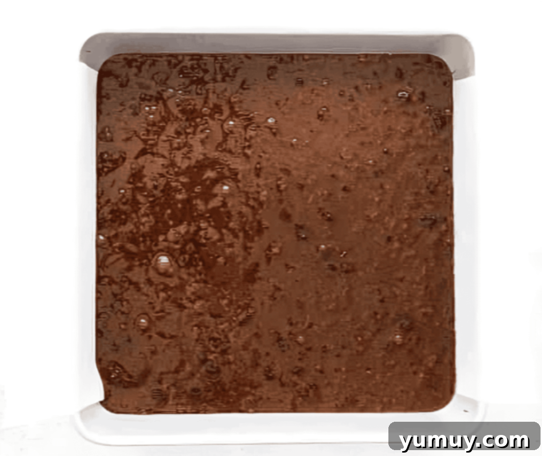 chocolate cake batter in a square baking pan.