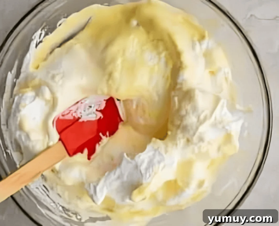 Pan di Spagna 15 A rubber spatula gently folding the pale yellow egg yolk mixture into the fluffy white egg whites in a large bowl.
