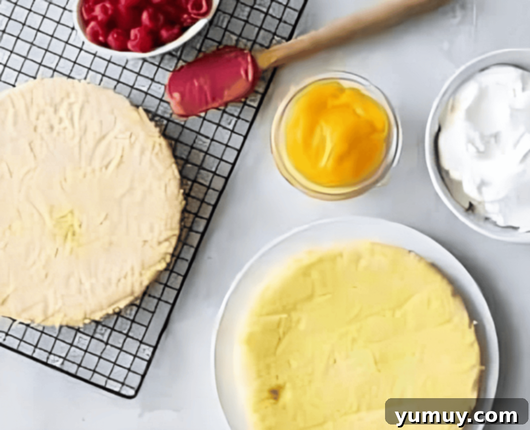 Pan di Spagna 17 Two freshly baked golden sponge cakes, one cooling on a metal wire rack and the other positioned on a cake stand.