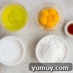 Pan di Spagna 5 Ingredients for Italian sponge cake laid out on a counter.