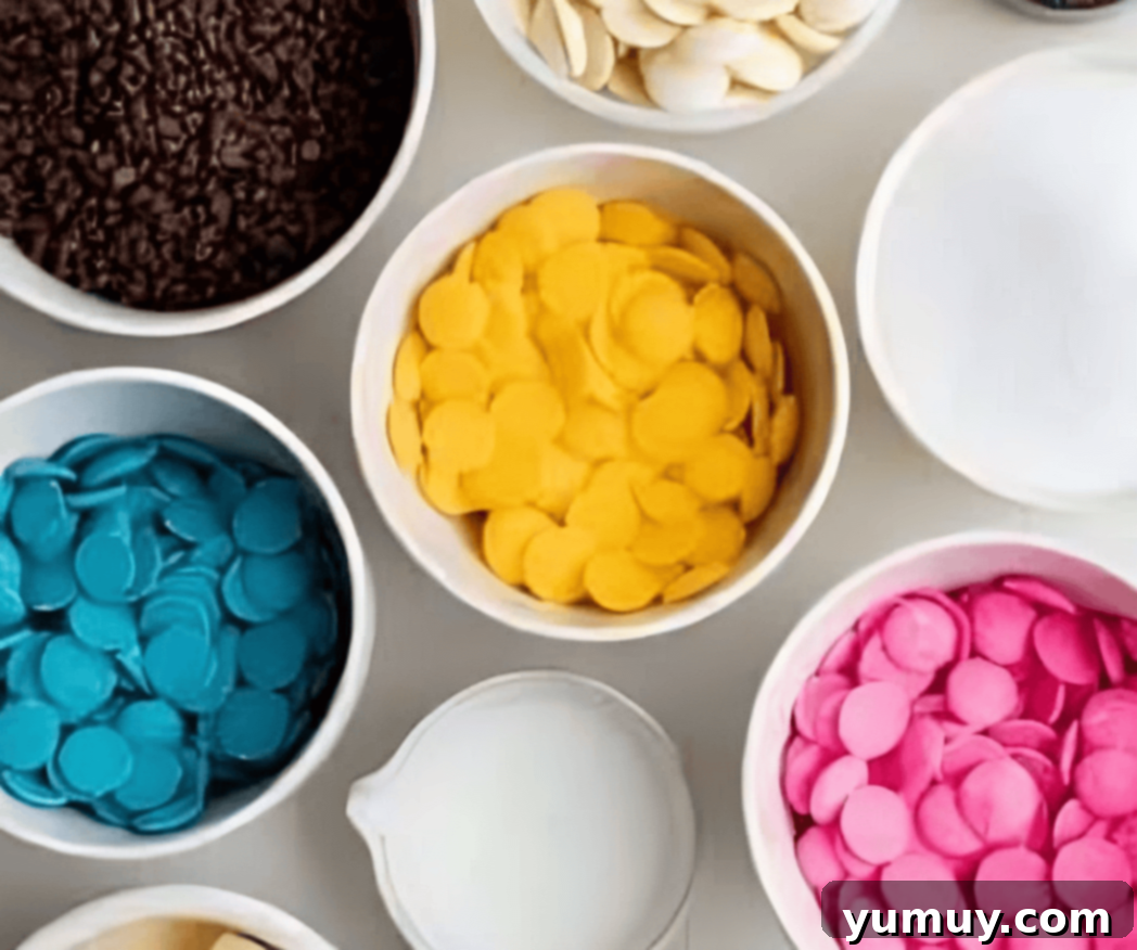 Bowls of vibrantly colored melted candy melts (white, pink, yellow, blue).