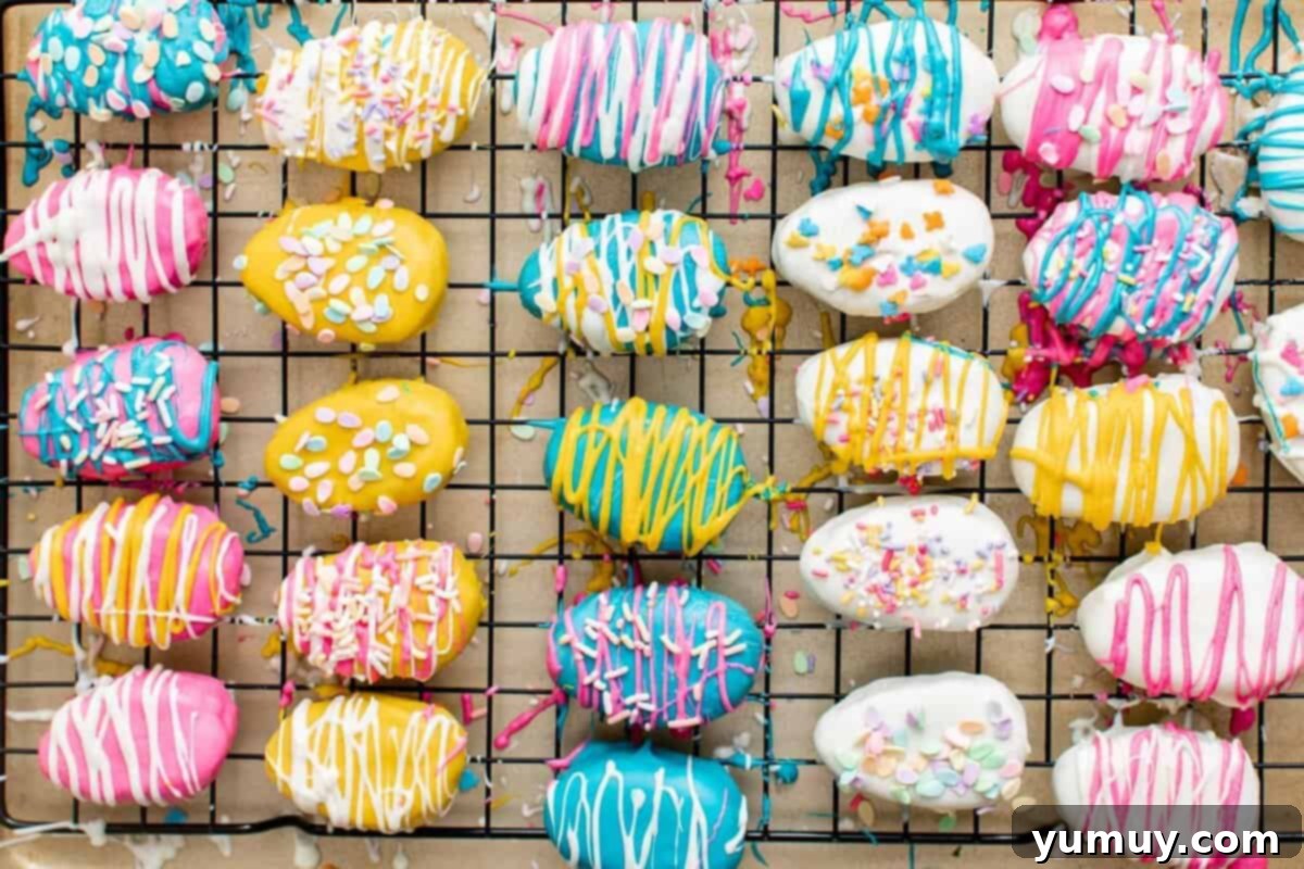 Freshly dipped Easter cookie dough truffles with sprinkles, cooling on a wire rack.