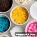 colored candy melts in bowls.