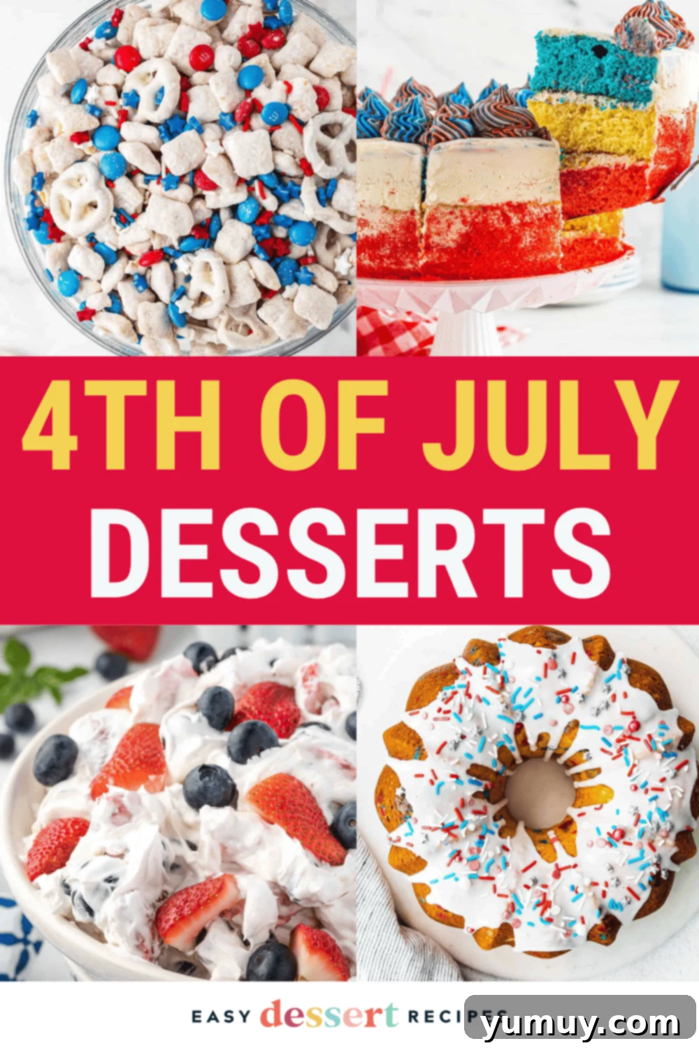 A collage of various festive 4th of July desserts, including cakes, cookies, and fruit tarts, showcasing patriotic red, white, and blue colors.