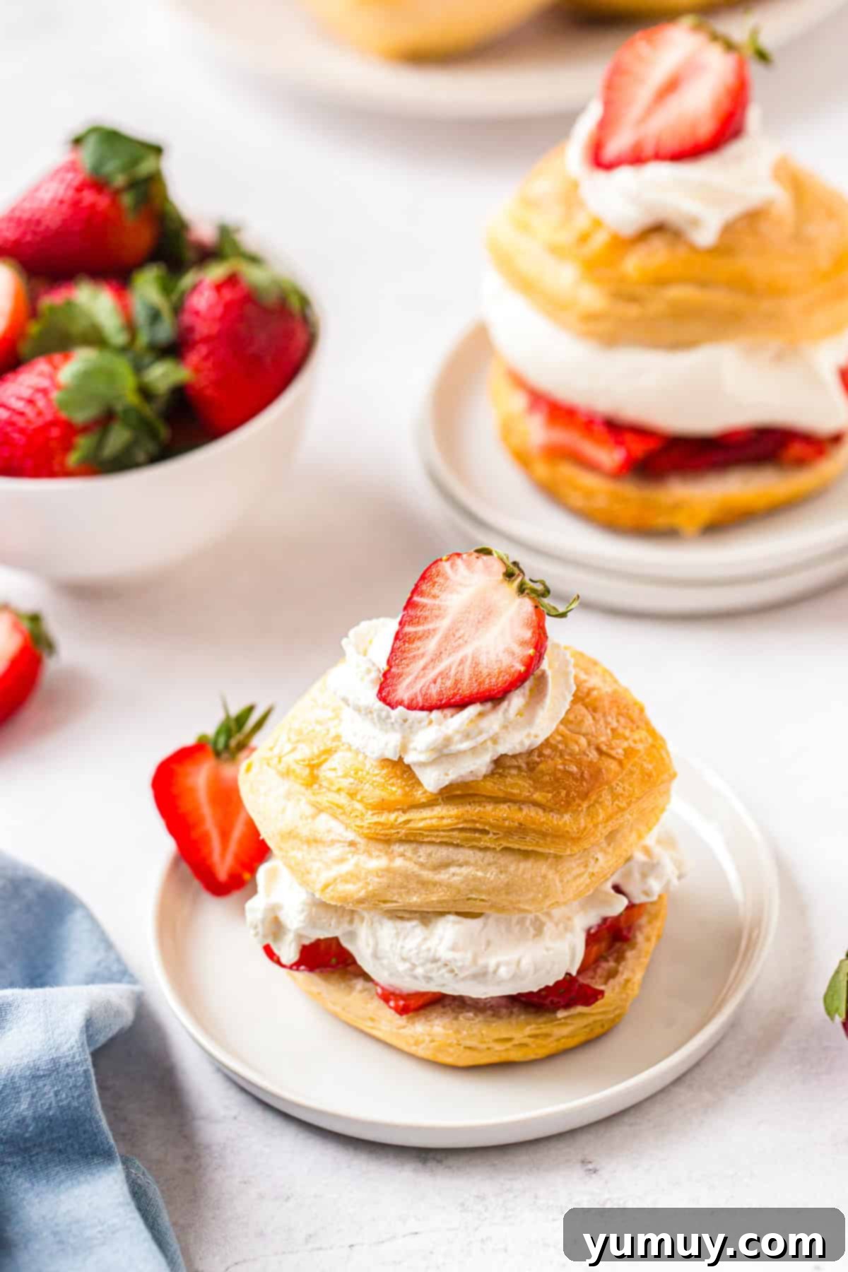 A beautifully presented strawberry shortcake garnished with fresh sliced strawberries and whipped cream.