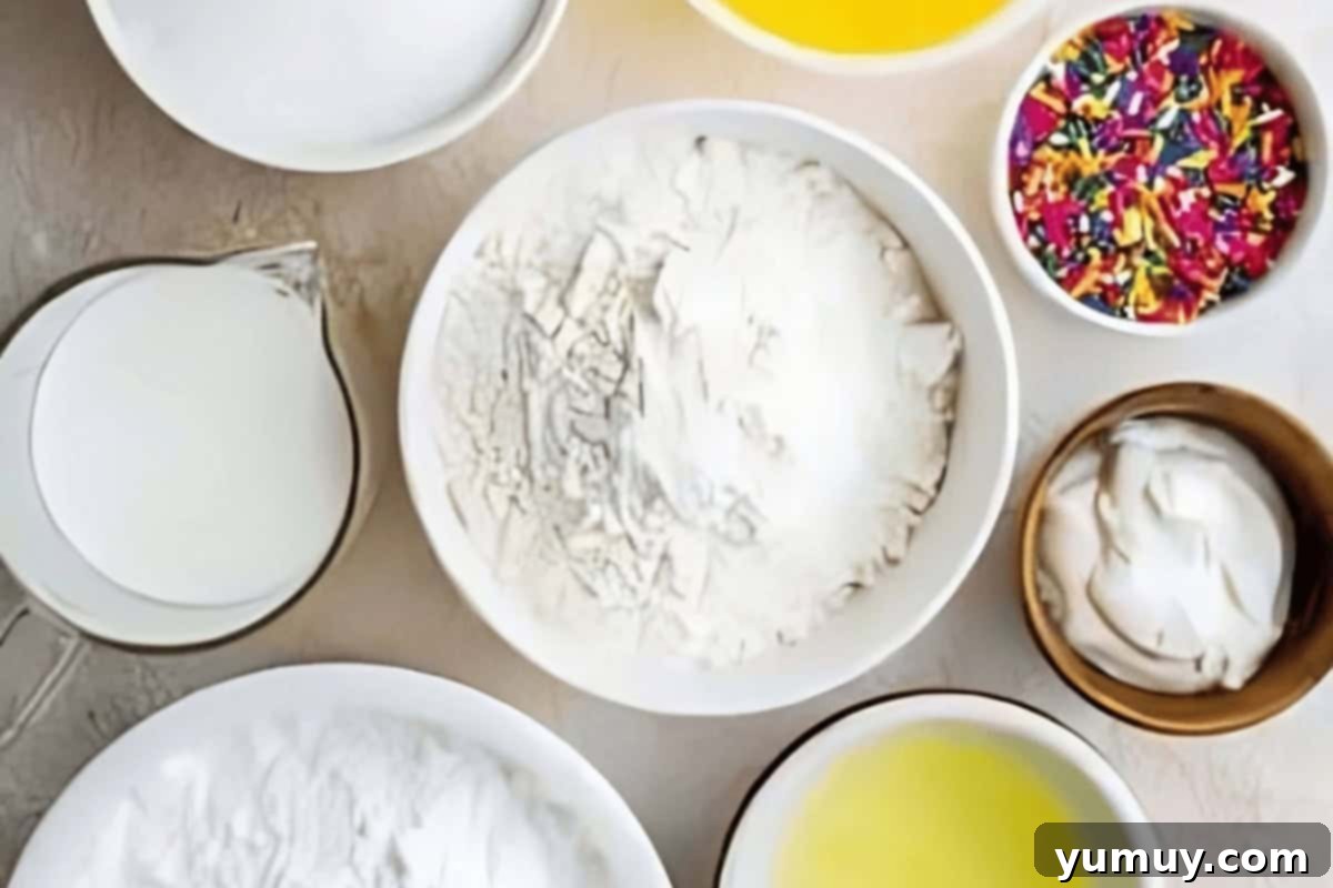 Luscious Vanilla Sheet Cake 11 measured ingredients for vanilla sheet cake in individual bowls.