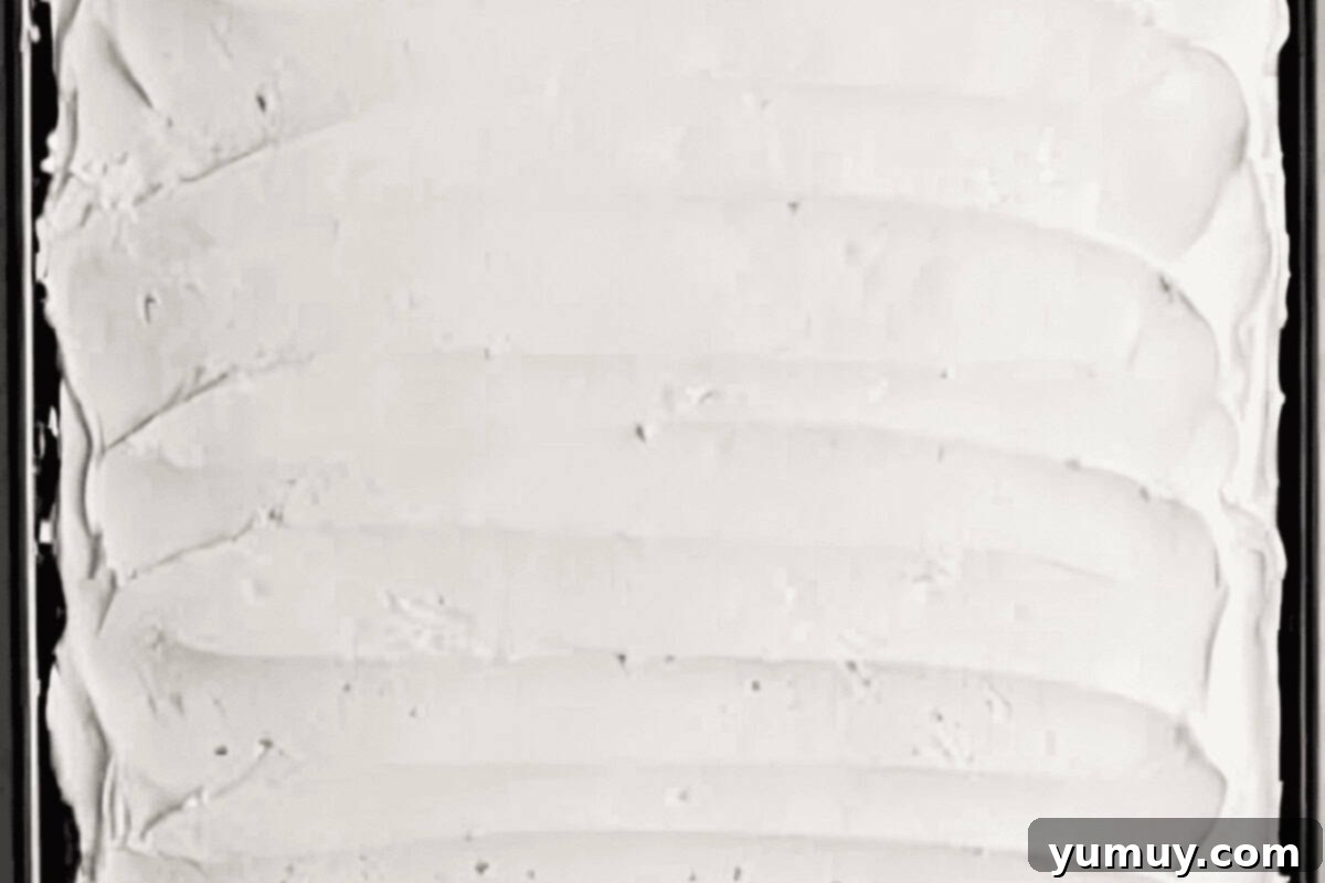 Luscious Vanilla Sheet Cake 15 vanilla frosting spread over vanilla sheet cake in a cake pan.