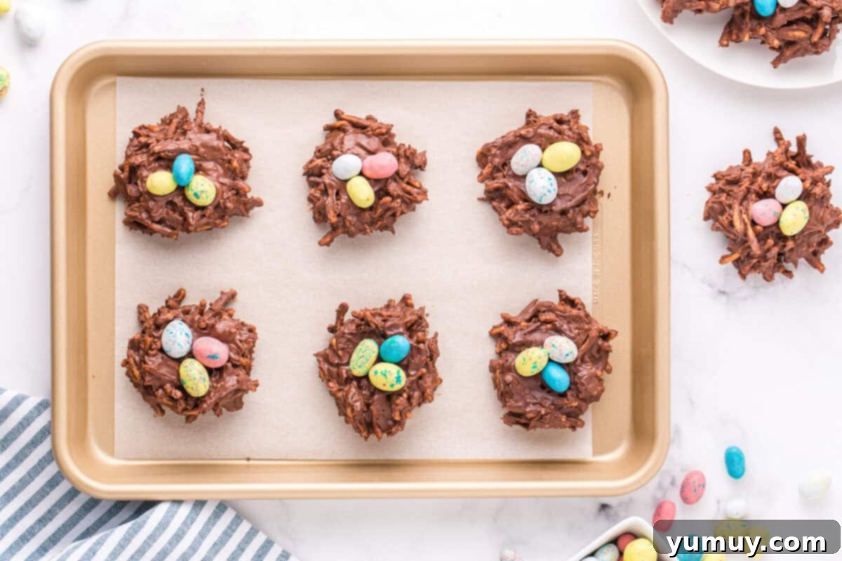 birds nest cookies on baking sheet