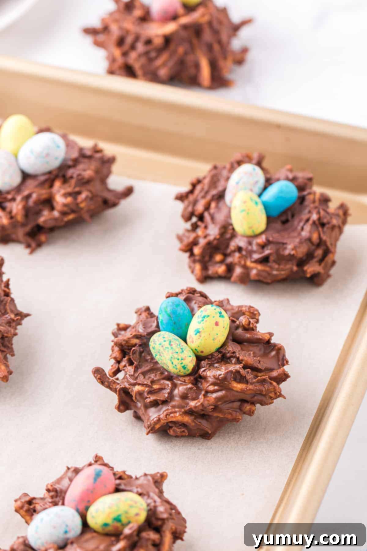 bird nest cookies on baking sheet