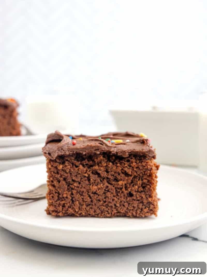 a slice of chocolate depression cake on a white plate.