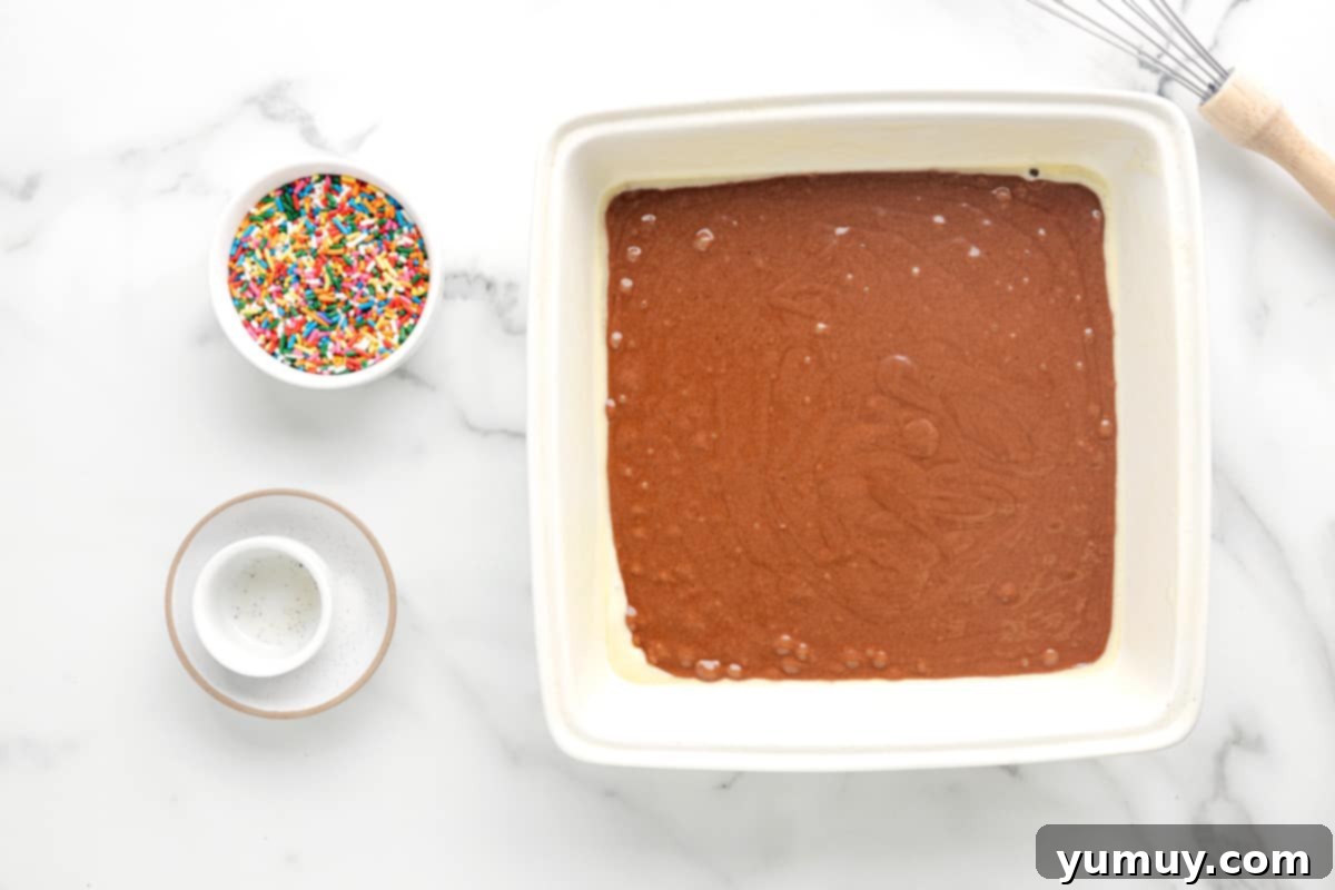 a bowl of chocolate cake with sprinkles and a whisk.