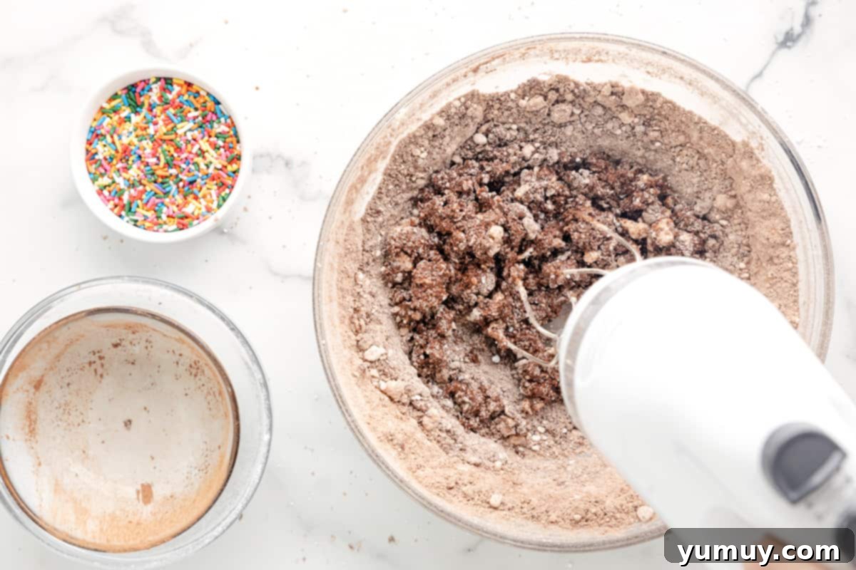 a person is mixing chocolate and sprinkles in a bowl.