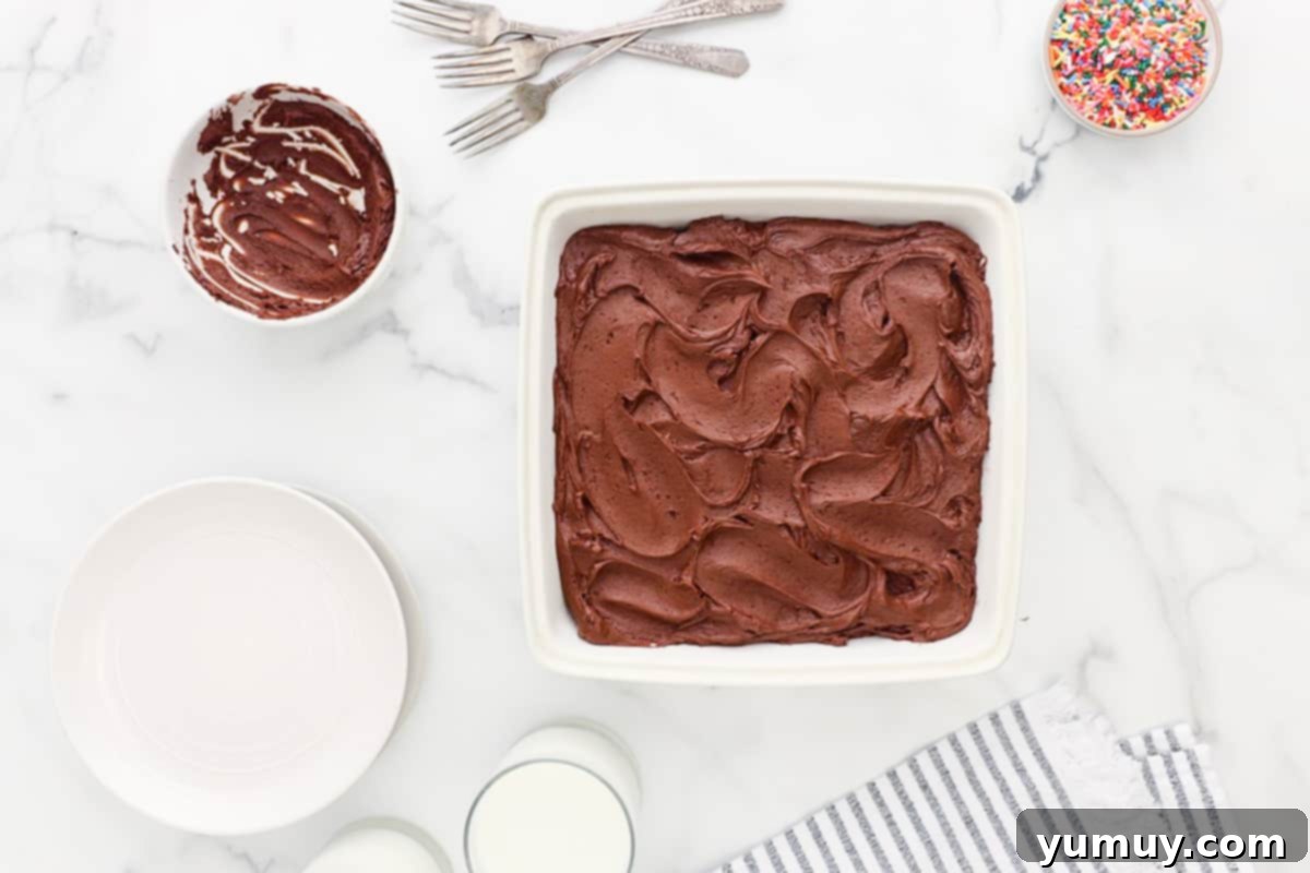 chocolate cake in a white dish with icing and sprinkles.