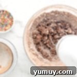 a person is mixing chocolate and sprinkles in a bowl.
