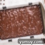Brownie batter being poured over the Oreo layer in a baking pan.