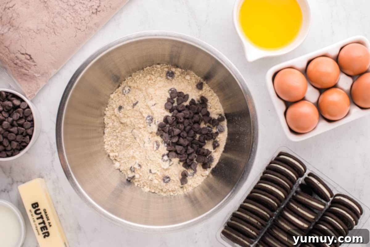 Dry ingredients for the chocolate chip cookie layer, including the mix and extra chocolate chips, in a mixing bowl.