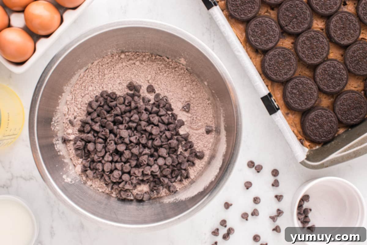 Dry brownie mix combined with additional semisweet chocolate chips in a mixing bowl.