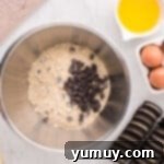 Ingredients for the chocolate chip cookie layer in a bowl, showing the mix and extra chocolate chips.