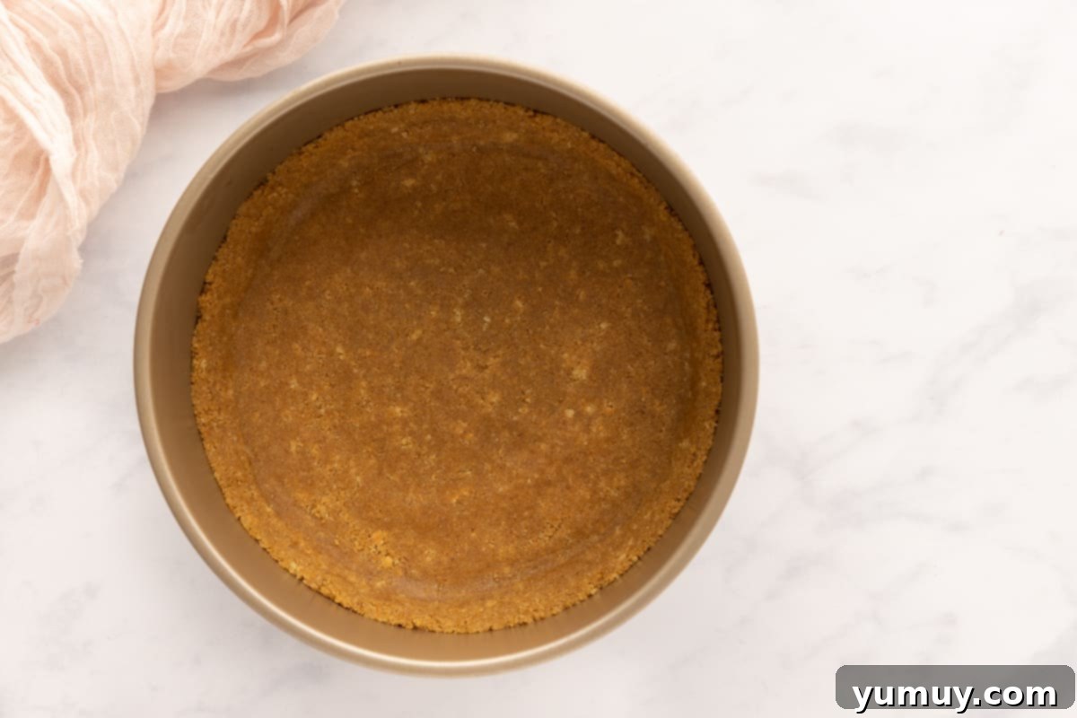 Graham cracker crust meticulously pressed into a springform pan on a marble countertop.