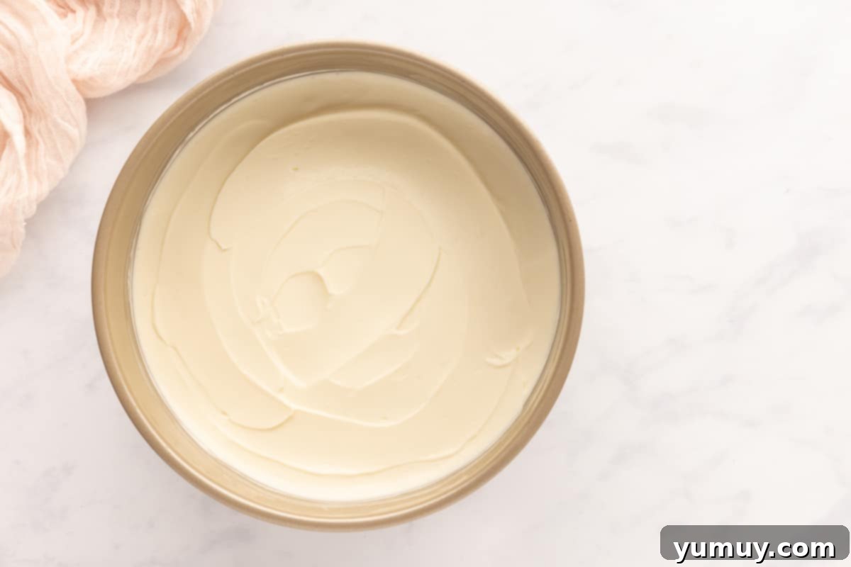 A freshly assembled no-bake cheesecake in a pan, with its smooth, creamy filling awaiting its chill time.