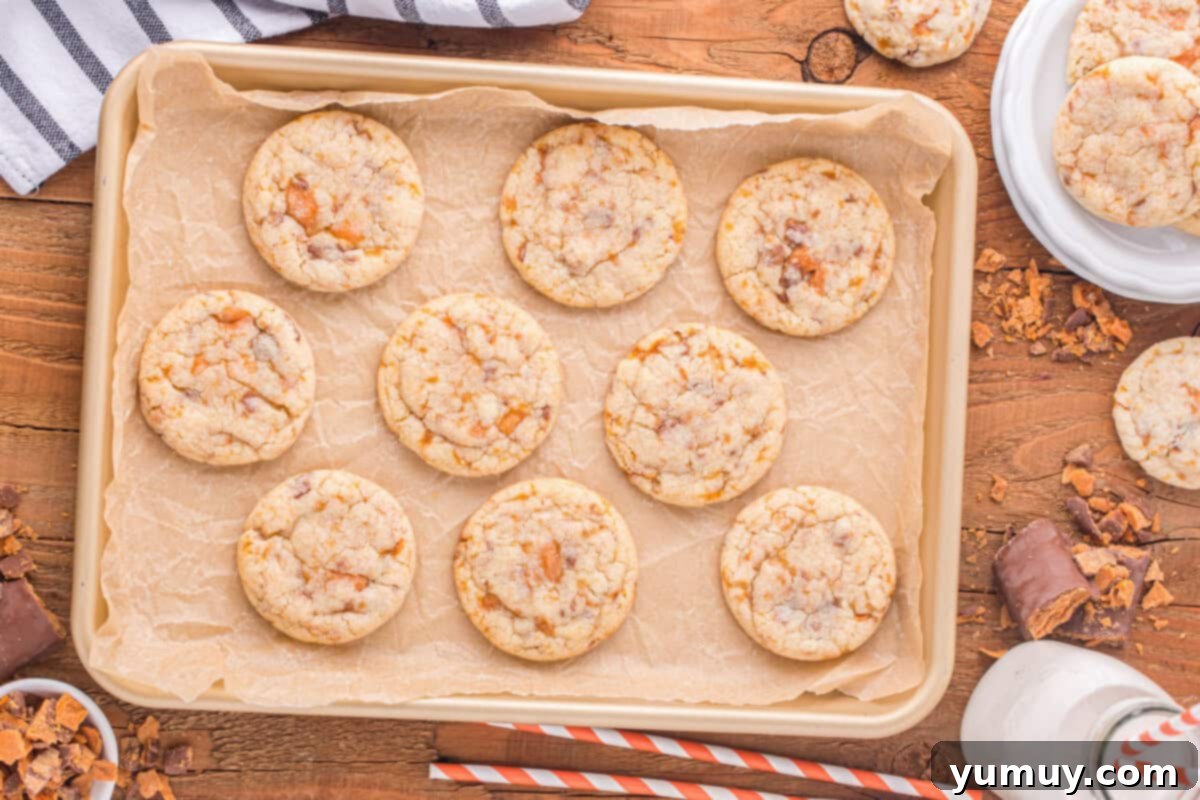 A fresh batch of baked Butterfinger cookies on a baking sheet, showing their slightly crinkled tops and perfectly set edges.