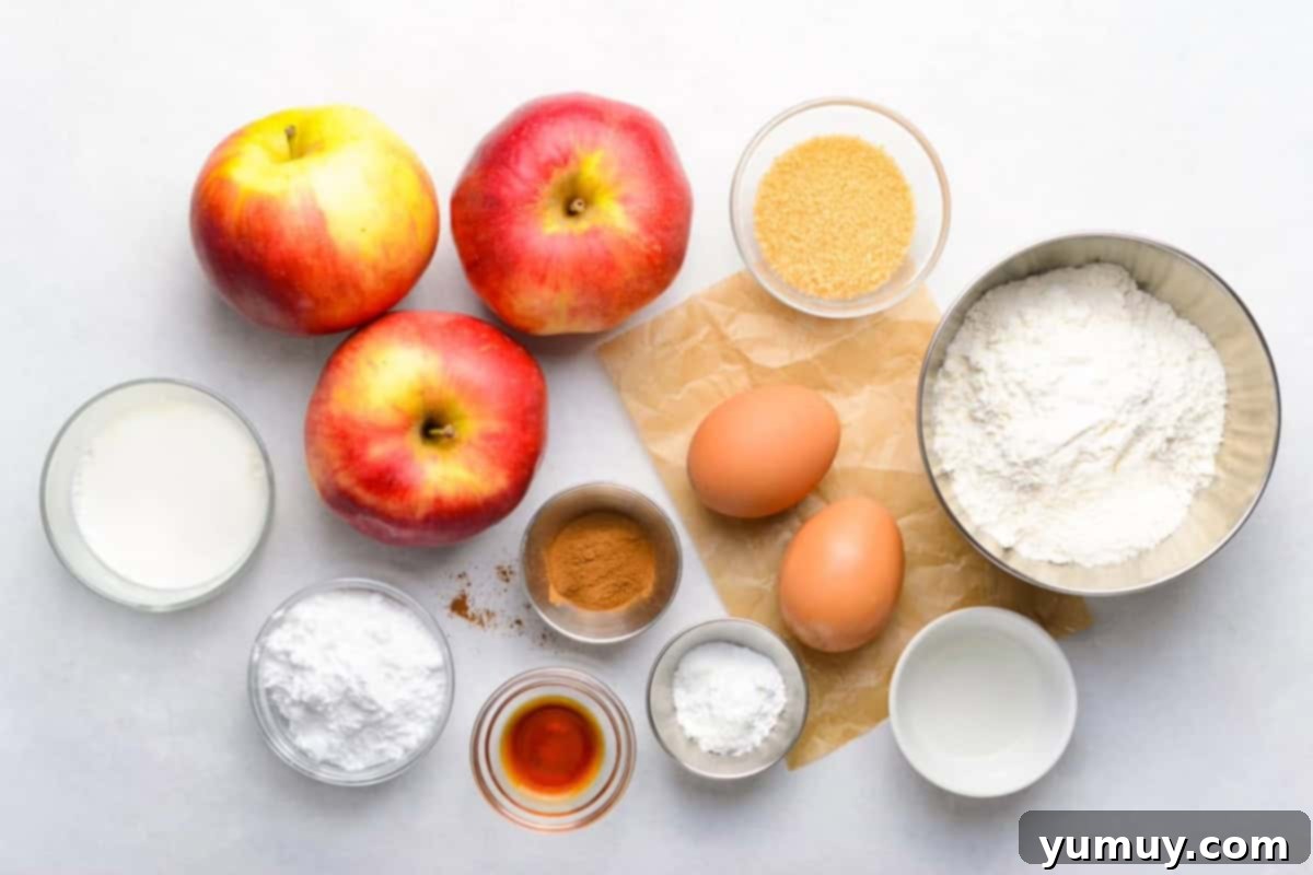 All measured ingredients for apple fritters, including flour, cinnamon, apples, eggs, and vanilla, neatly arranged in individual bowls.