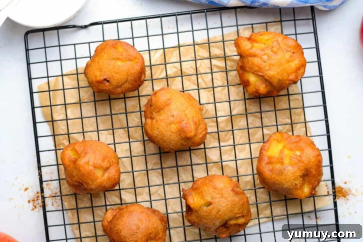 Seven freshly-fried apple fritters draining on a silver wire rack placed over parchment paper on a baking sheet.