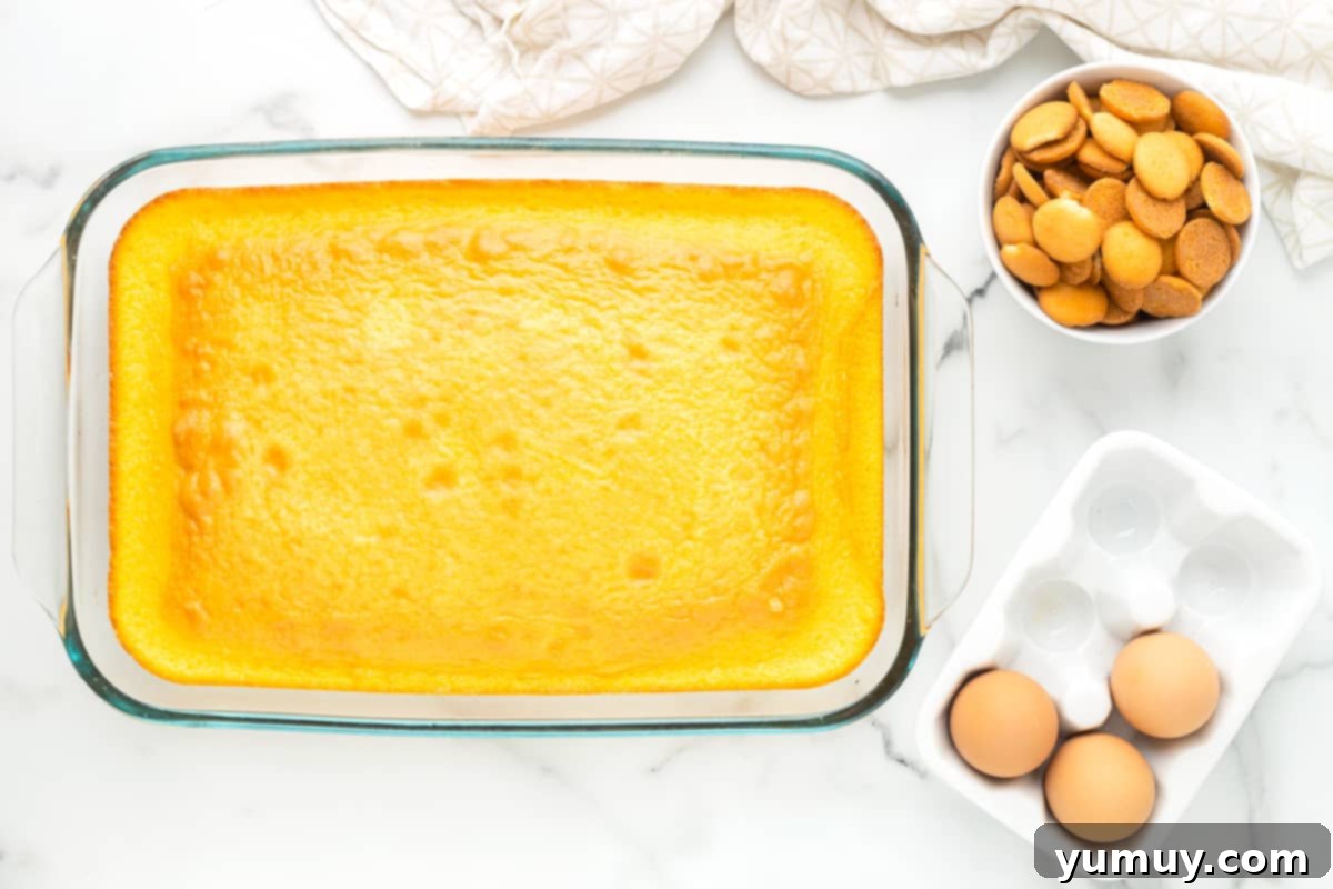 yellow cake in a glass baking dish