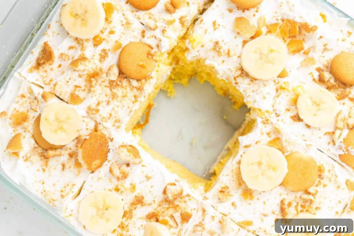 overhead view of cut banana pudding poke cake with a slice missing in the middle.