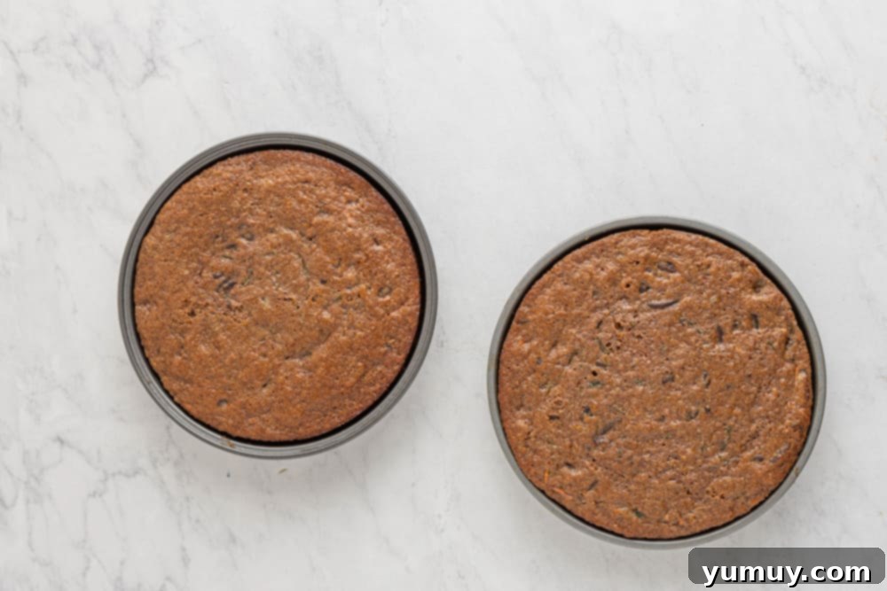two round cake pans on a marble surface, with perfectly baked cake layers cooling.
