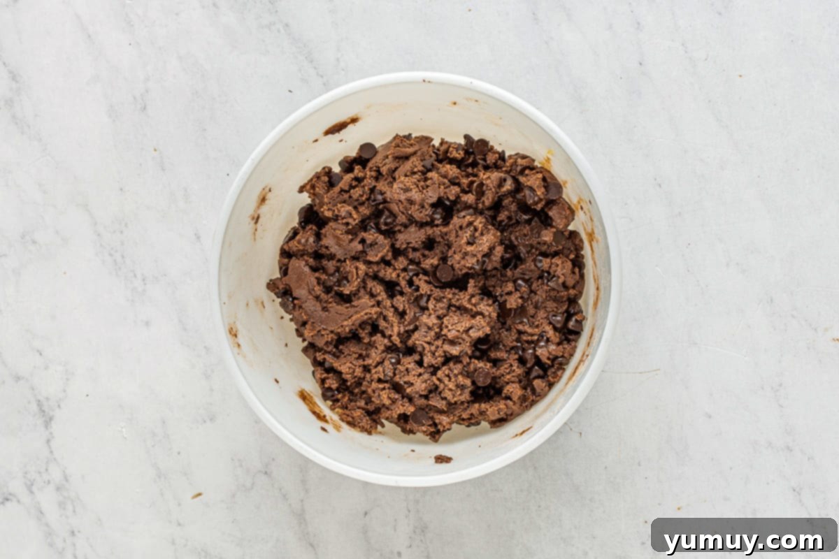 Chocolate cake mix cookie dough, fully mixed and studded with a generous amount of chocolate chips, resting in a white bowl.