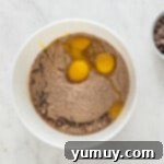 dry chocolate cake mix and eggs in a white mixing bowl