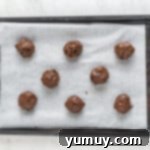 8 chocolate cake mix cookies with chocolate chips on a parchment lined baking sheet before baking