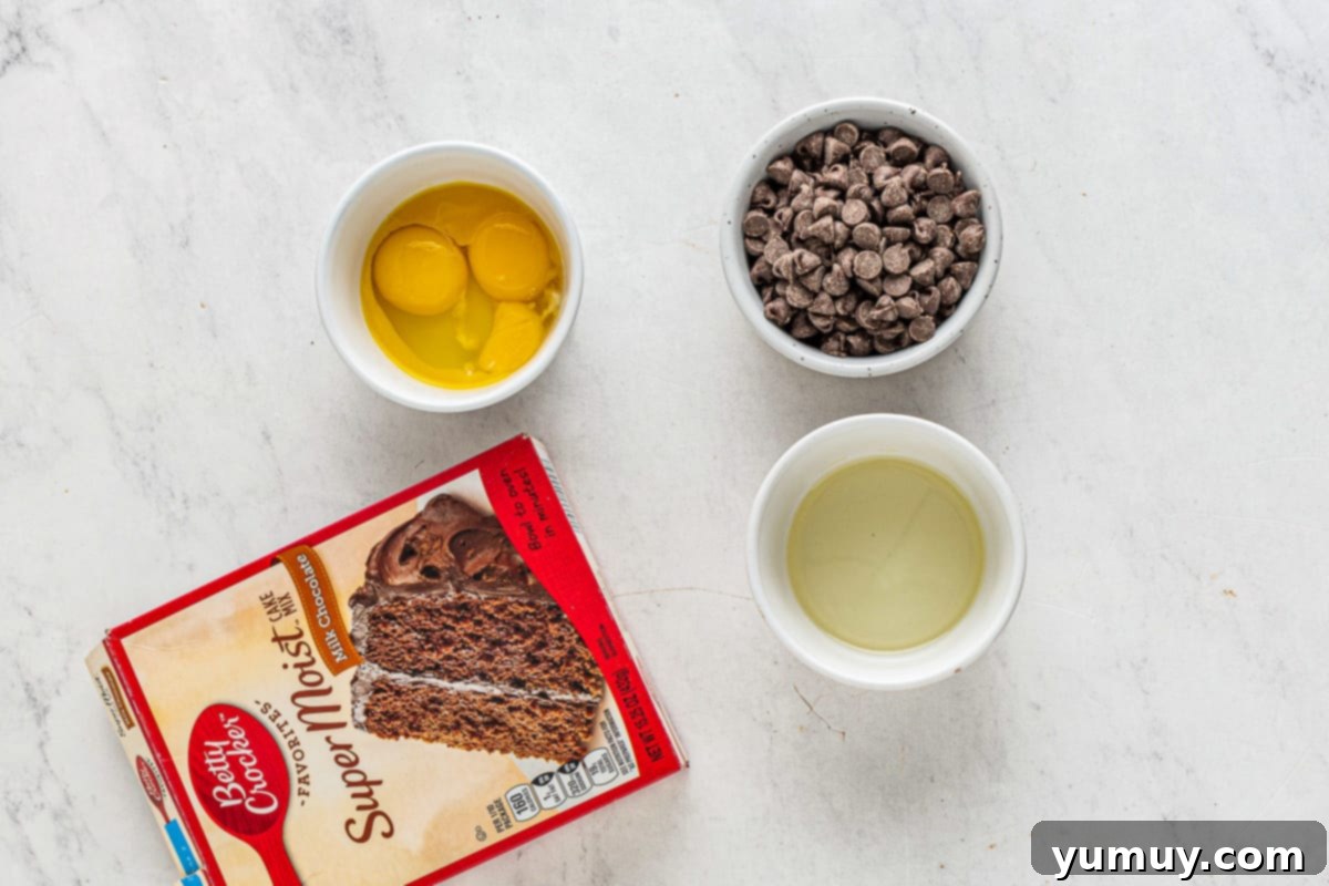 All the necessary ingredients for chocolate cake mix cookies laid out on a clean surface, including a box of cake mix, eggs, oil, and chocolate chips.