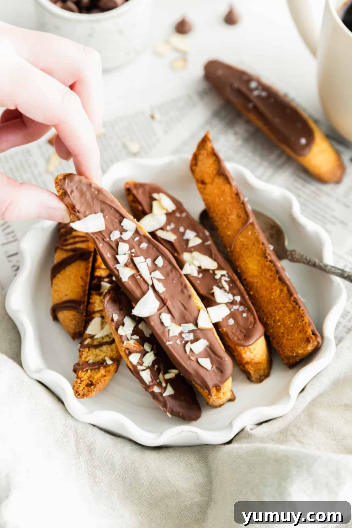 Chocolate Kissed Biscotti 3 hand lifting up chocolate dipped biscotti