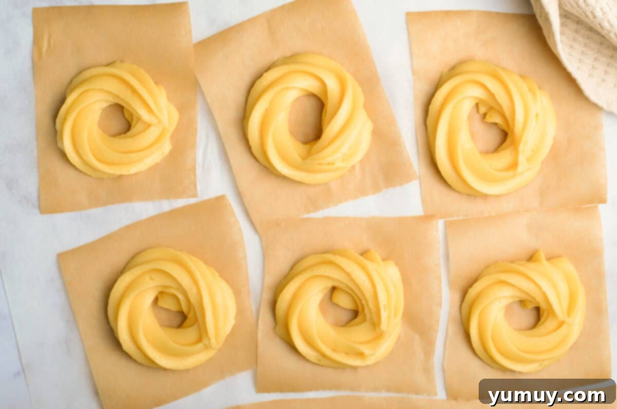 Crispy Chocolate Cruller Twists 19 piped cruller dough in circles on squares of parchment paper