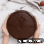 Decadent Chocolate Dream Cake 12 chocolate ganache over chocolate mousse cake in a cake pan.